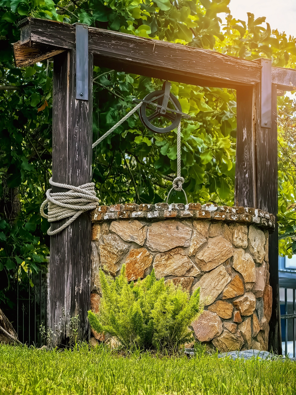 CMD GrünBau - Garten- und Landschaftsbau - Schöner artesischer Brunnen aus Steinen und einer Radrolle mit Metalleimer und Seil in friedlicher Gartenatmosphäre.